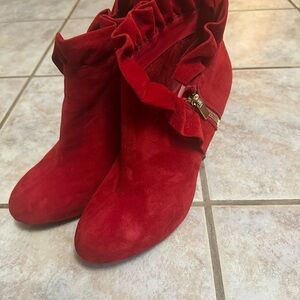 BAMBOO Red Ankle Boots with Ruffle Accent